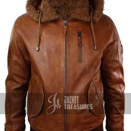 Mens Retro Brown Hooded Fur Real Leather Bomber Jacket Mens Retro Brown Hooded Fur Real Leather Bomber Jacket