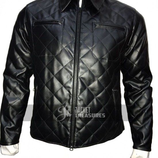 New Mens Quilted Diamond Black Leather Jacket New Mens Quilted Diamond Black Leather Jacket