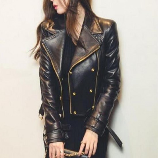 New Women's Black Biker Style Genuine Leather Slim fit Jacket