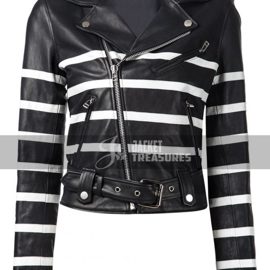 New Women's Black and White Striped Leather Biker Jacket