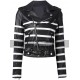 New Women's Black and White Striped Leather Biker Jacket