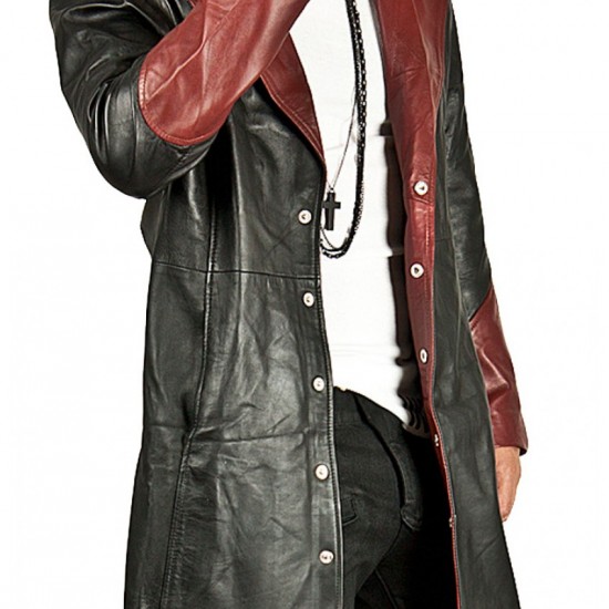 Devil May Cry Dante Maroon and Black Leather Trench Coat Devil May Cry Dante Maroon and Black Leather Trench Coat