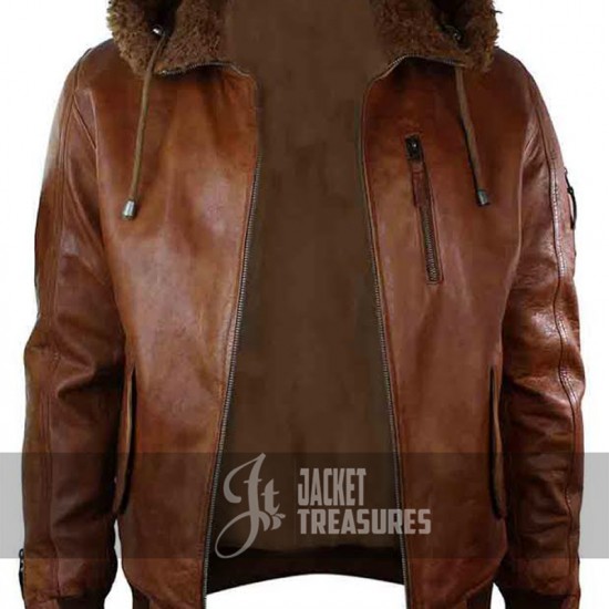 Mens Retro Brown Hooded Fur Real Leather Bomber Jacket