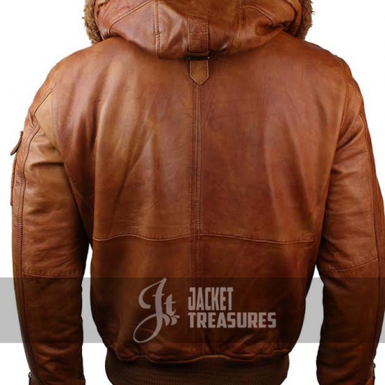 Mens Retro Brown Hooded Fur Real Leather Bomber Jacket