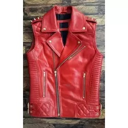 Men’s Red Cowhide Leather Sleeves Less Biker Style Vest            